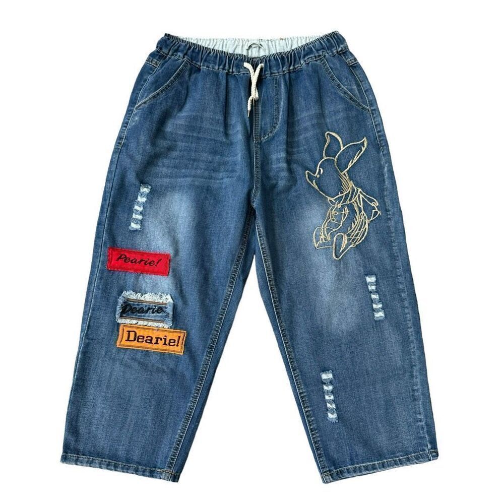 Harem Jeans piglet Embroidery Casual Drawstring Elastic Waist denim  pants L
